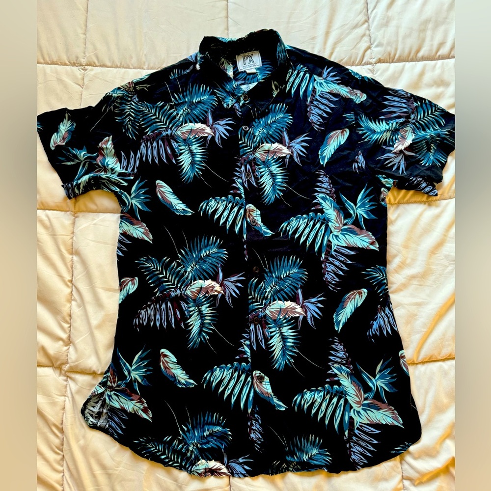 PX Men’s Button Up Shirt Large Hawaiian Style Blue Light Blue Purple Like New